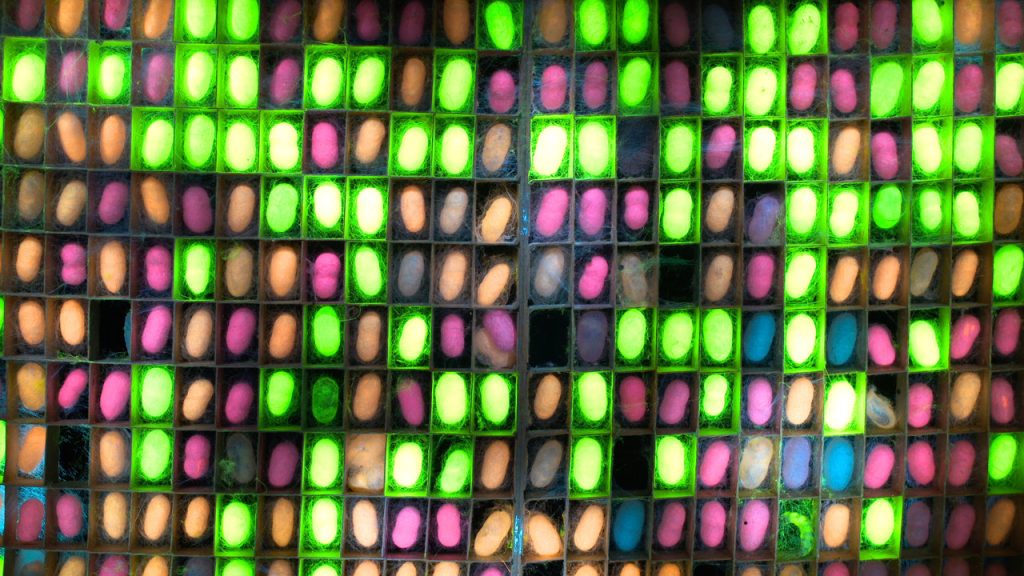 ett rutnät av små lådor där det ligger kokonger av silke i olika självlysande färger
