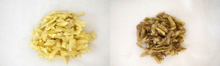 Två högar med riven potatis. Den ena genomredigerad och ljus i färgen, den andra är en brunfärgad kontroll.